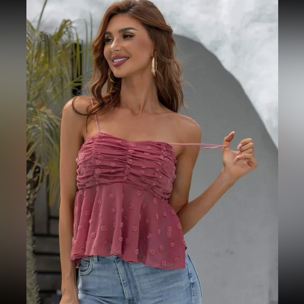 Shein Chiffon Swiss Dot Ruched Cami Top in Watermelon Pink (US12 - XL)